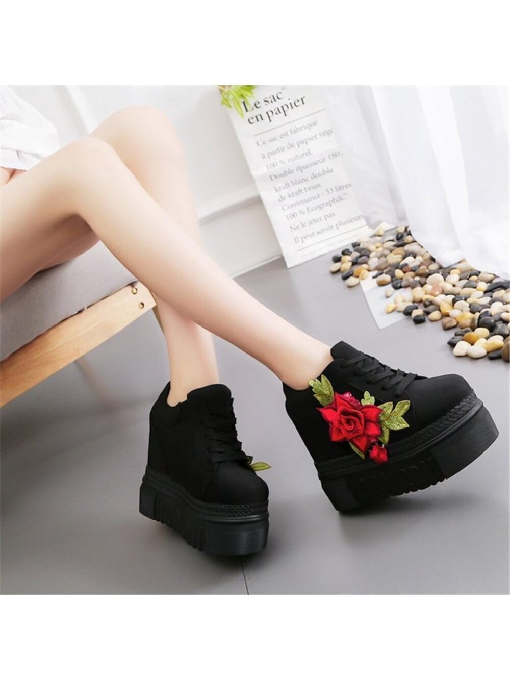 Women's Black Canvas Fabric Rubber Sole High Wedge Heel Brides Wedding Shoes - Picture 4 of 5